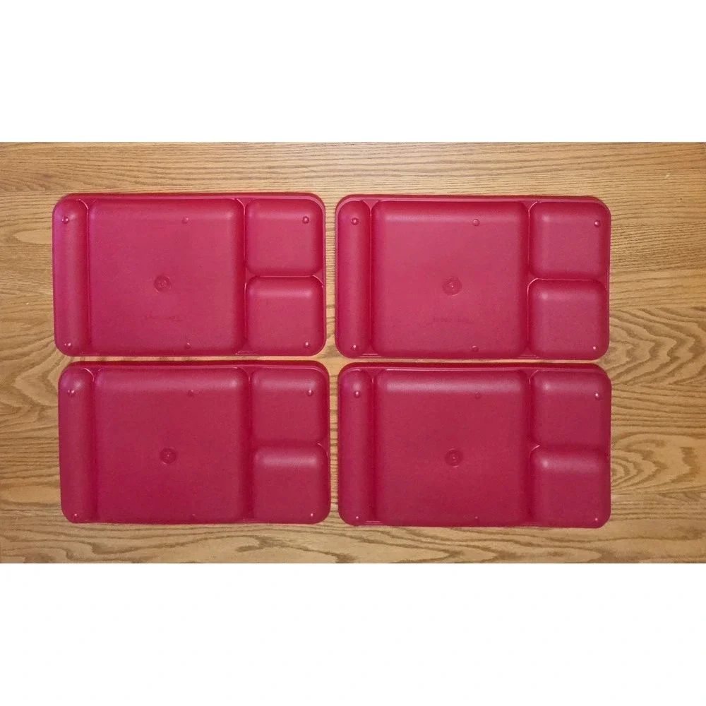 Set Of 4 Tupperware Red Cafeteria Divided Trays TV Camping Vintage
